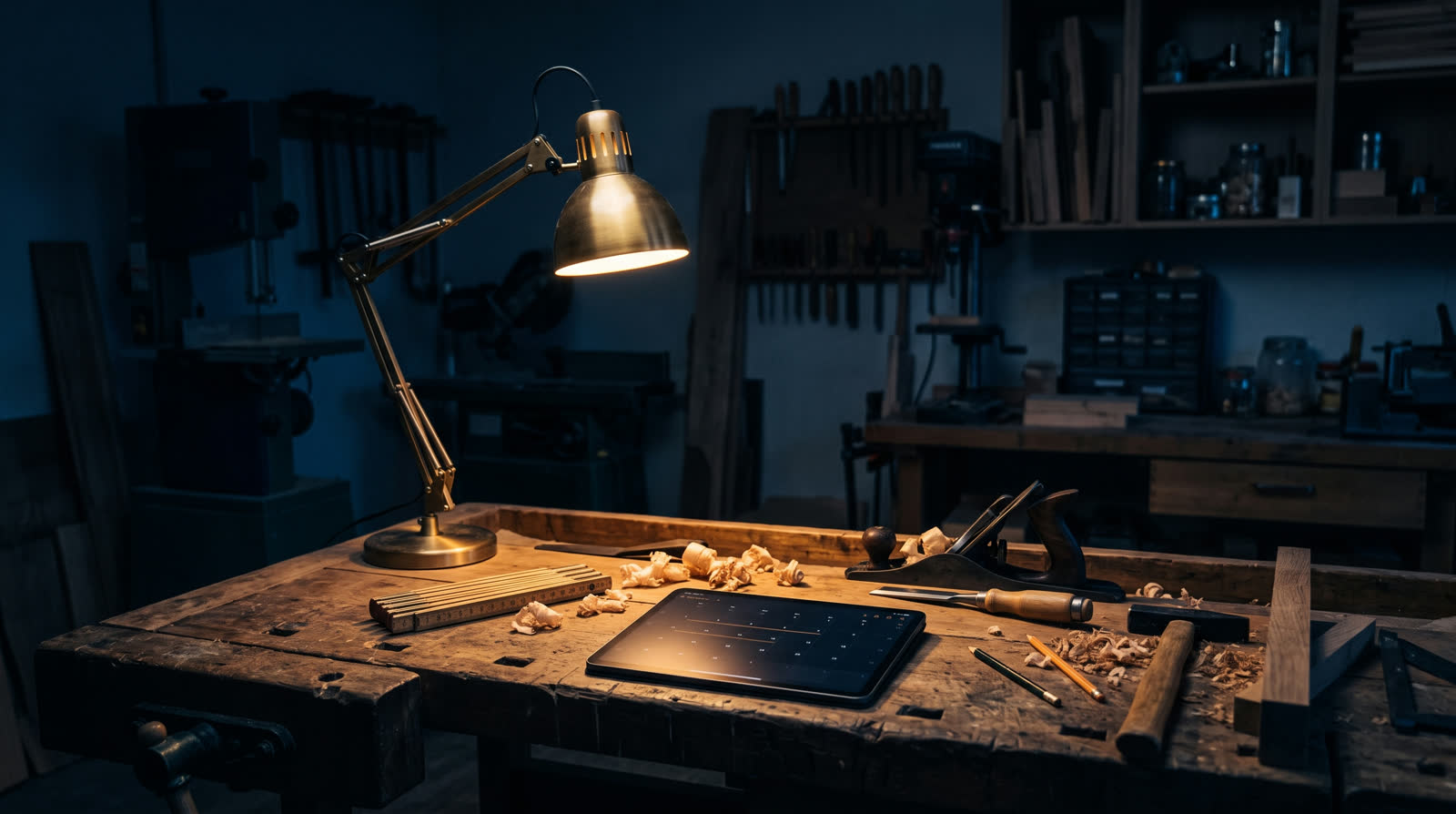 Werkbank mit Werkzeug und Tablet in dunkler Handwerkstatt, warmes Lampenlicht